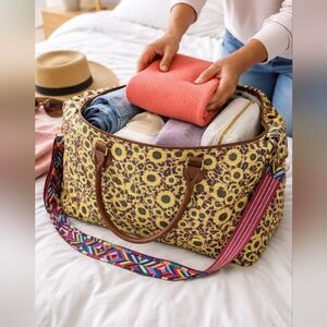 Like New Sunflower Patterned Overnight Bag With Guitar Style Carrying Strap